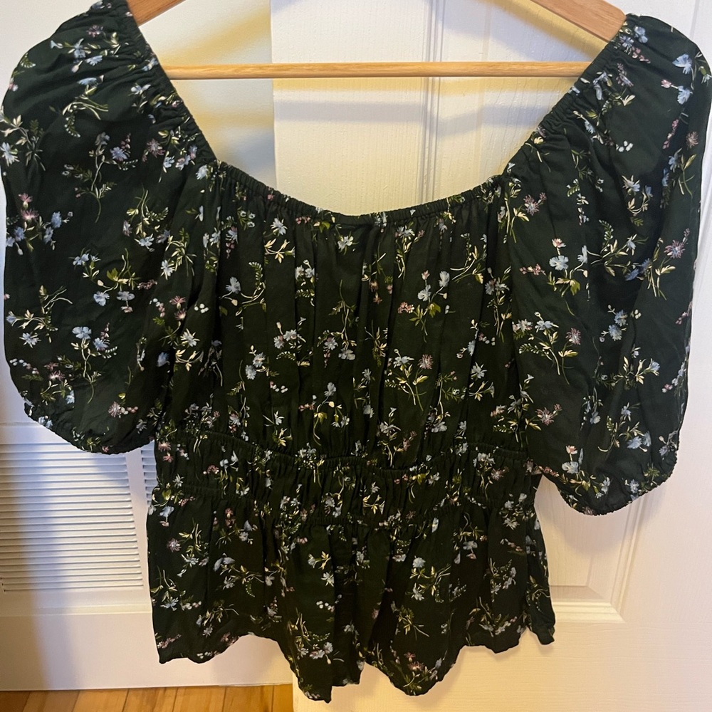 GAP Dark Green Floral Puff-Sleeve Peasant Blouse